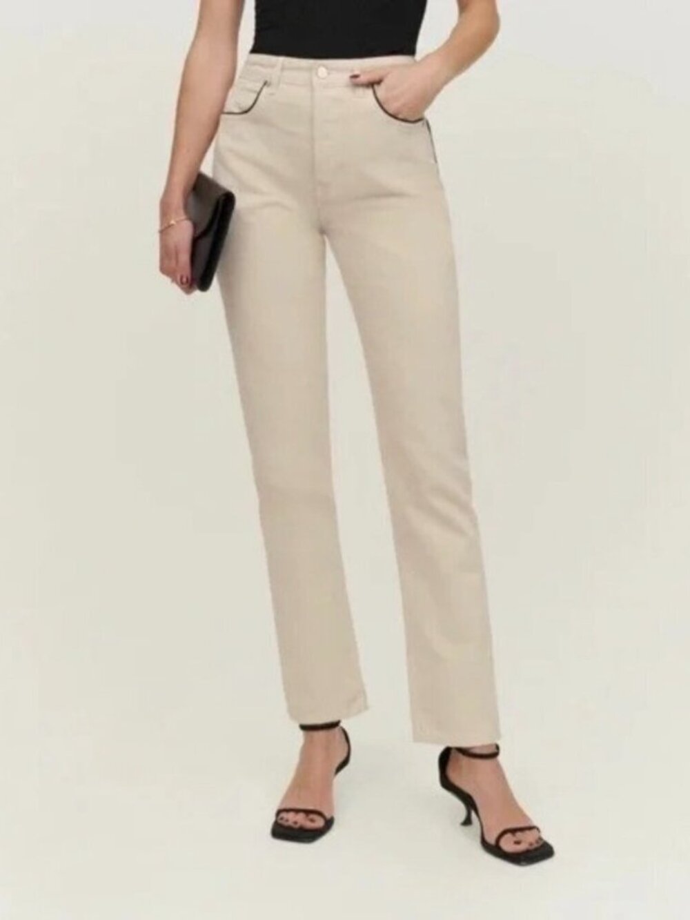 Reformation Cynthia Ivory Black Trim High Rise Straight Leg Denim Jeans 27